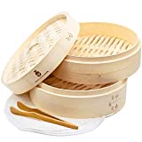 Bamboo Steamer Basket 10 Inch - Premium Quality 2-Tier Baskets - Healthy Cooking for Vegetables, Rice, Asian Dumpling, Chinese Dim Sum, Bao Bun - Includes Reusable Liners, Tongs and Recipe E-Book