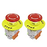 YQBOOM 2pcs 22mm Mounting Hole Latching Emergency Stop Push Button Switch Red with 60mm Emergency Stop Sign 1NO 1NC