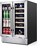 TYLZA Wine and Beverage Refrigerator, 24 Inch Built-In Dual Zone Wine and Beverage Cooler, Freestanding French Door Drink Fridge, Wine Beer Cooler Under Counter Refrigerator with Memory Temperature Control