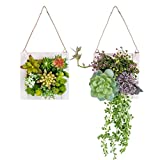 SWTHONY Hanging Wall Artificial Plants for Home Decor Indoor Set of 2 Succulents Plants Artificial in Wooden Frame 3D Greenery Wall Art Decor Faux Plants for Living Room Nursery Backdrop