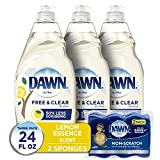 Dawn Free & Clear Dishwashing Liquid Dish Soap (3x24 oz) + Dawn Non-Scratch Scrubber Sponge (2 Count), Lemon Essence