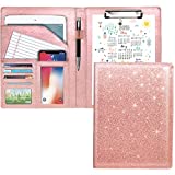 Padfolio/Resume Portfolio Folder Glitter Pink for Women,WAVEYU Cute Pink Padfolio Cover Folder, Conference/Legal Document Organizer with Letter/A4 Size Clipboard, Document Sleeve