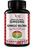 Korean Red Panax Ginseng 1200mg + Ginkgo Biloba - Extra Strength Root Extract Powder Supplement w/High Ginsenosides Vegan Capsules for Energy, Performance & Focus Pills for Men & Women