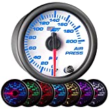 GlowShift White 7 Color 200 PSI Mechanical Air Pressure Gauge - for Air Ride Suspension Systems - White Dial - Clear Lens - 2-1/16" 52mm
