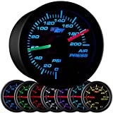 GlowShift Black 7 Color 200 PSI Air Pressure Gauge Kit - Includes 2 Electronic Sensors - Red & Green Analog Needles - Black Dial - Clear Lens - for Air Ride Suspension Systems - 2-1/16" 52mm