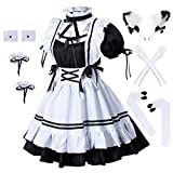 Wannsee Anime French Maid Apron Lolita Fancy Dress Cosplay Costume Furry Cat Ear Gloves Socks Set(M) Black-White