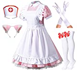 Wannsee Japanese Anime Pink Nurse Lolita French Maid Apron Fancy Dress Cosplay Costume Gloves Headwear Socks Set(M),Medium