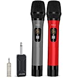 Bietrun Wireless Microphone, 160 ft Range, UHF Metal Dual Handheld Dynamic Mic Karaoke System with Rechargeable Receiver, 1/4‘’＆1/8‘’Output, for Amplifier, PA System, Party Singing, Karaoke, Church