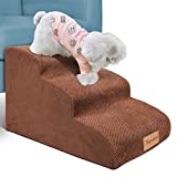 Topmart 3 Tiers Foam Dog Ramps/Steps,Non-Slip Dog Steps,Extra Wide Deep Dog Stairs,High Density Foam Pet Stairs/Ladder,Best for Older Dogs,Cats,Small Pets,with 1 Dog Rope Toy,Color Brown