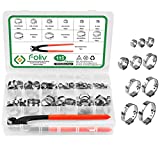 FOLIV 115PCS Crimp Clamps - 304 Stainless Steel Single Ear Hose Clamp Kit, 6-28.6mm Stepless Hose Crimp Clamps Assortment Kit with Ear Clamp Pincer for Water Pipe, Plumbing, Automotive