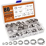 ISPINNER 80pcs Single Ear Stepless Hose Clamps, 304 Stainless Steel 5.8-23.5mm Crimp Hose Clamp for Securing Pipe Hoses and Automotive Use 1/4 inch - 15/16 inch