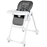 Kinder King 3 in 1 Baby High Chair w/4 Lockable Wheels, Converts to Toddler Chair, Simple Fold Highchair for Infants, Adjustable Height, Recline & Footrest, Detachable Double Trays, PU Cushion, Grey