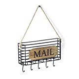 SRIWATANA Mail Organizer Wall Mount, Rustic Mail Holder Key Holder for Wall with Hooks, Small Size, Carbonized Black