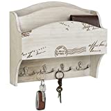 MyGift Wood Key and Mail Holder for Wall Mounted Entryway Organizer with 2 Compartments, 4 Dual Hooks and Vintage Postcard Design