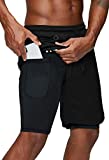 Pinkbomb Men's 2 in 1 Running Shorts Gym Workout Quick Dry Mens Shorts with Phone Pocket (Black, Large)