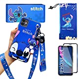 iPhone 11 case with HD Screen Protector, Cute Stitch Cartoon 3D Character Silicone Cover Case for Apple iPhone 11 6.1" with 2 Lanyard, 1 Cell Phone Stand, 1 Phone Storage Bag