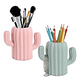 PTYQU 2 Pieces Cactus Pen/Pencil Holder Container Desktop Supplies Pen Cups Cosmetic Makeup Brush Holder for Student Multifunction Storage Box Office,Green+Pink