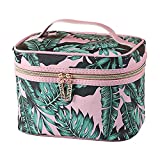 HOYOFO Large Makeup Bag for Women Green Leaf Print Cosmetic Bags With Makeup Brush Holder Travel Toiletry Storage Bag(Pink)