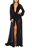 Pink Queen Women's Long Sleeve Flowy Maxi Bathing Suit Swimsuit Tie Front Robe Cover Up Black 2XL