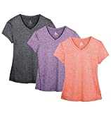 icyzone Workout Shirts Yoga Tops Activewear V-Neck T-Shirts for Women Running Fitness Sports Short Sleeve Tees (M, Charcoal/Lavender/Peach)