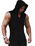 COOFANDY Men's Workout Hooded Tank Tops Sleeveless Gym Hoodie Cut Off T Shirt Lace-up Bodybuilding Muscle Hoodie (Large, Black)