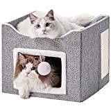 BEDELITE Cat Beds for Indoor Cats - Cat Cube Cat Houses Cat Hidewawy, Large Cat Bed for Pet Cat House with Scratch Pad and Fluffy Ball Hanging, Cat Bed Foldable,15.4×15.4×12.6 inches(Grey)