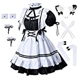 Wannsee,Anime French Maid Apron Lolita Fancy Dress Cosplay Costume Furry Cat Ear Gloves Socks Set(3XL) Black-White