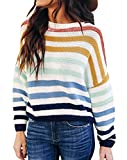 ZESICA Women's Long Sleeve Crew Neck Striped Color Block Casual Loose Knitted Pullover Sweater Tops,Navy,Small