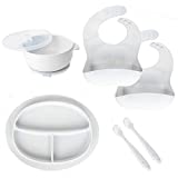 Ullabelle 7 Piece Complete Baby Feeding Set w/Bonus Storage Lid: 2 Silicone Bibs, 1 Strong Suction Divided Plate, 1 Strong Suction Bowl with Lid & 2 Spoon Set (Grey)
