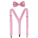 Suspenders For Men,Women Adjustable Suspends Bow Tie Set Solid Color Y Shape (Pink)