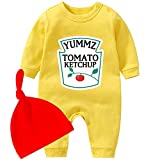 YSCULBUTOL Baby Twins Bodysuit Baby Ketchup Mustard Newborn Tomato Outfit Baby Triplet Gift Set(Yellow with hat, 0-3 Months)