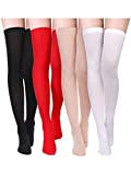 4 Pairs Women's Silk Thigh High Stockings Nylon Socks for Women Halloween Cosplay Costume Party Accessory (Black, White, Red, Skin Color)