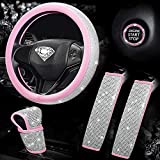 Set of 5 Bling car Accessories for Women Girly,Diamond Steering Wheel Covers Universal Fit 15Inch,Rhinestone Seat Belt Covers 2pcs,Glitter Shift knob Cover,Crystal Push Start Button Bling（Pink）