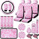 22 Pieces Cow Print Car Accessories Set Cow Car Seat Cover Steering Wheel Cover Headrest Cover Seat Belt Cover Center Console Armrest Pad Handbrake Cover Gear Cover Coaster Key Ring Vent (Pink)