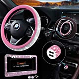 Bling Car Accessories Set, Pink Bling Steering Wheel Cover for Women Universal Fit 15 Inch, Bling License Plate Frame for Women, Bling Car USB Charger(Fast Charging), Crystal Car Decor Set 4pcs (Pink)