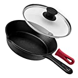 Cast Iron Skillet with Lid - 8"-Inch Frying Pan + Glass Cover + Silicone Grip Handle Holder - Pre-Seasoned Oven Safe Cookware - Indoor/Outdoor Use - Grill, Stovetop, Camping Firepit, Induction Safe