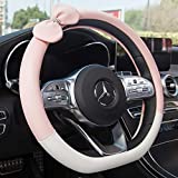 INEBIZ Universal Car Steering Wheel Cover Microfiber Leather Multi-Color Stitching Cute Bow-Knot for Girls and Woman (Pink, D-Shaped)