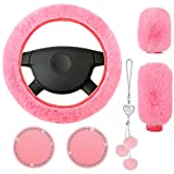 Frienda 6 Pieces Fluffy Car Accessories Set, Includes Fluffy Steering Wheel Cover Soft Fluffy Handbrake Cover Gear Shift Cover Bling Car Mirror Accessories 2 Pieces Bling Car Coaster (Pink)