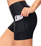 Wjustforu Women's 5" High Waist Biker Shorts Tummy Control Compression Yoga Short Tight Shorts for Workout Running (Light Leather, Medium)