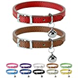Leather Cat Collars with Bells - 2 Pack Soft Padded Pet Safety Collar for Kitten Puppy Small Dogs Cats