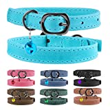 Murom Leather Cat Collar with Bell Adjustable Small Pet Kitten Collars Black Brown Pink Blue (Sky Blue)