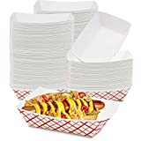 [1000 Pack] 2 lb Heavy Duty Disposable Red Check Paper Food Trays Grease Resistant Fast Food Paperboard Boat Basket for Parties Fairs Picnics Carnivals, Holds Tacos Nachos Fries Hot Corn Dogs