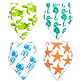 Stadela 100% Cotton Baby Bandana Drool Bibs with Snaps for Drooling Teething Burp Cloths 4 Pack Baby Shower Gift Set Unisex Boy and Girl - Coral Reef Ocean Sea Beach Summer Tropical Turtle Seahorse