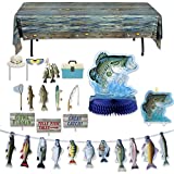 Havercamp Fishing Party Decorations Kit! Includes:1 Lg. Bass Centerpiece, 1 String of Fish Banner, 12 Fun Photo Props, 1 Bass Cake Topper Candle & Plastic Reusable Tablecover. Party Catch of The Day!