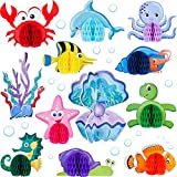 12 Pieces Sea Animal Honeycomb Centerpiece Under the Sea Party Decorations Supplies Ocean Themed Marine Creature Decoration Fish Mermaid Table Honeycomb for Beach Themed Birthday Party Baby Shower