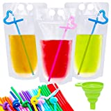 Ouddy 50 Pcs Drink Pouches, Juice Pouches for Adults, Reusable Drink Pouches for Adults Reclosable Zipper Smoothie Bags for Cold & Hot Drinks with 50 Straws & Silicone Funnel