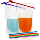 Tomnk 50pcs Clear Drink Pouches Bags Smoothie Bags Reclosable Zipper Heavy Duty Hand-held Translucent Stand-up Plastic Pouches Bags Drinking Bags 2.4 Inches Bottom Gusset with 50pcs Straws