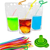 SXUUXB Drink Pouches 100 PCS, Anti-Leaked Resealable Double Zipper Frosted Drink Pouches, Disposable Stand-up Drink Bags With 100 PCS Individually Wrapped Plastic Straw (A Funnel Included, 17OZ/500ML)