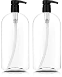 Bar5F Empty Shampoo Bottles with Pumps, 32oz/1Liter/Large, BPA-Free, Lightweight (Medium Density PETE1 Plastic) Pack of 2, Clear Bottles, B02H80