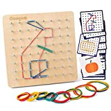 Coogam Wooden Geoboard Mathematical Manipulative Material Array Block Geo Board â€“ Graphical Educational Toys with 30Pcs Pattern Cards and Latex Bands Shape STEM Puzzle Matrix 8x8 Brain Teaser for Kid